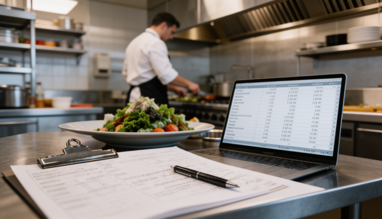 Laptop mit einer Tabelle zur Speisekalkulation in einer Restaurantküche, im Hintergrund ein Koch beim Anrichten eines Tellers.